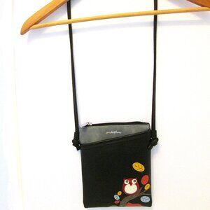 Espe mini crossbody black & grey zipper bag with owl on branch on  and front